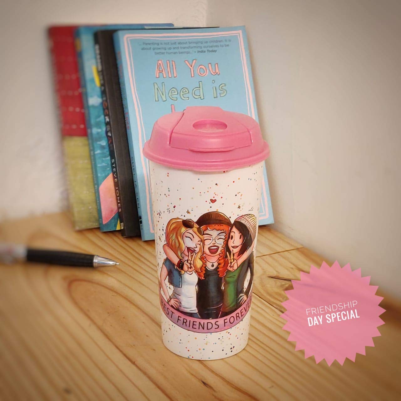 Designer Cup by Chirpy Cups with coffee & sipper lids - Best Friends Forever