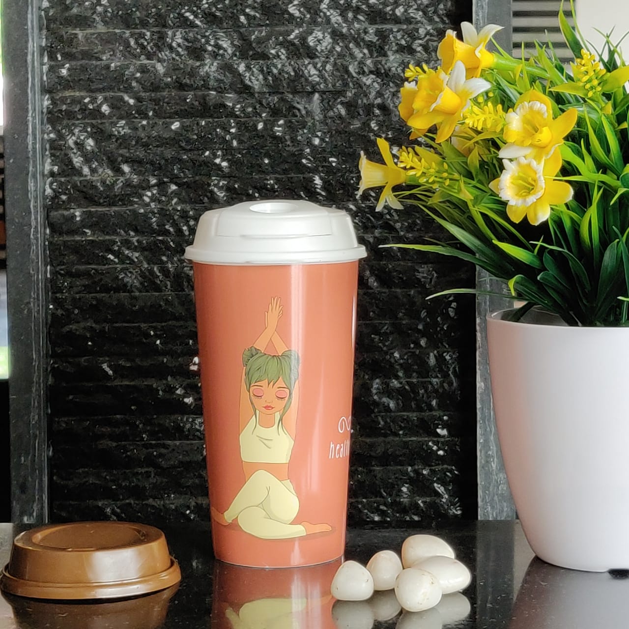 Designer Cup by Chirpy Cups with coffee & sipper lids, Food Safe, BPA Free, Recyclable - Yoga