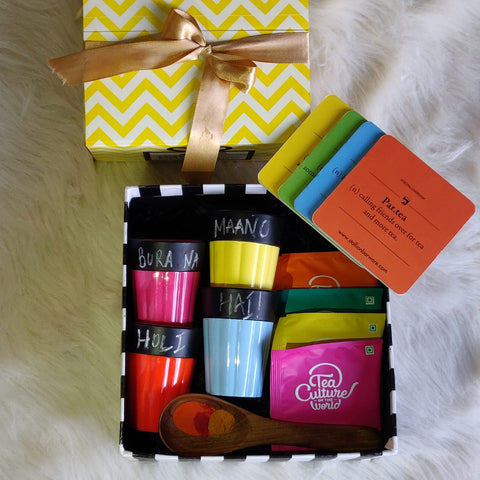 Holi gifts, Holi gift boxes, cutting chai glasses, colourful cups