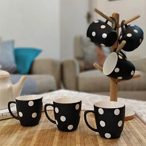 Unbreakable black and white designer tea cups with polka dot design (Set of 6) - Black & White Collection