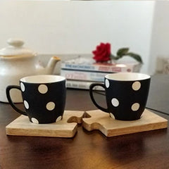 Unbreakable black and white tea cups with polka dot design (Set of 2) along with wooden coasters