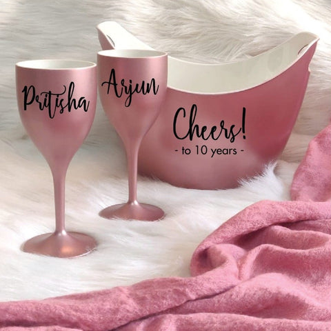 CHEERS TO THE YEARS, Non Breakable Wine Glass Gift Set With Chilling Bucket - Rose Gold