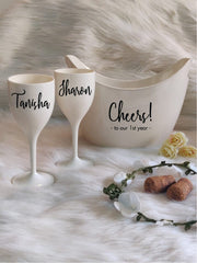 CHEERS TO THE YEARS, Non Breakable Wine Glass Gift Set With Chilling Bucket -White