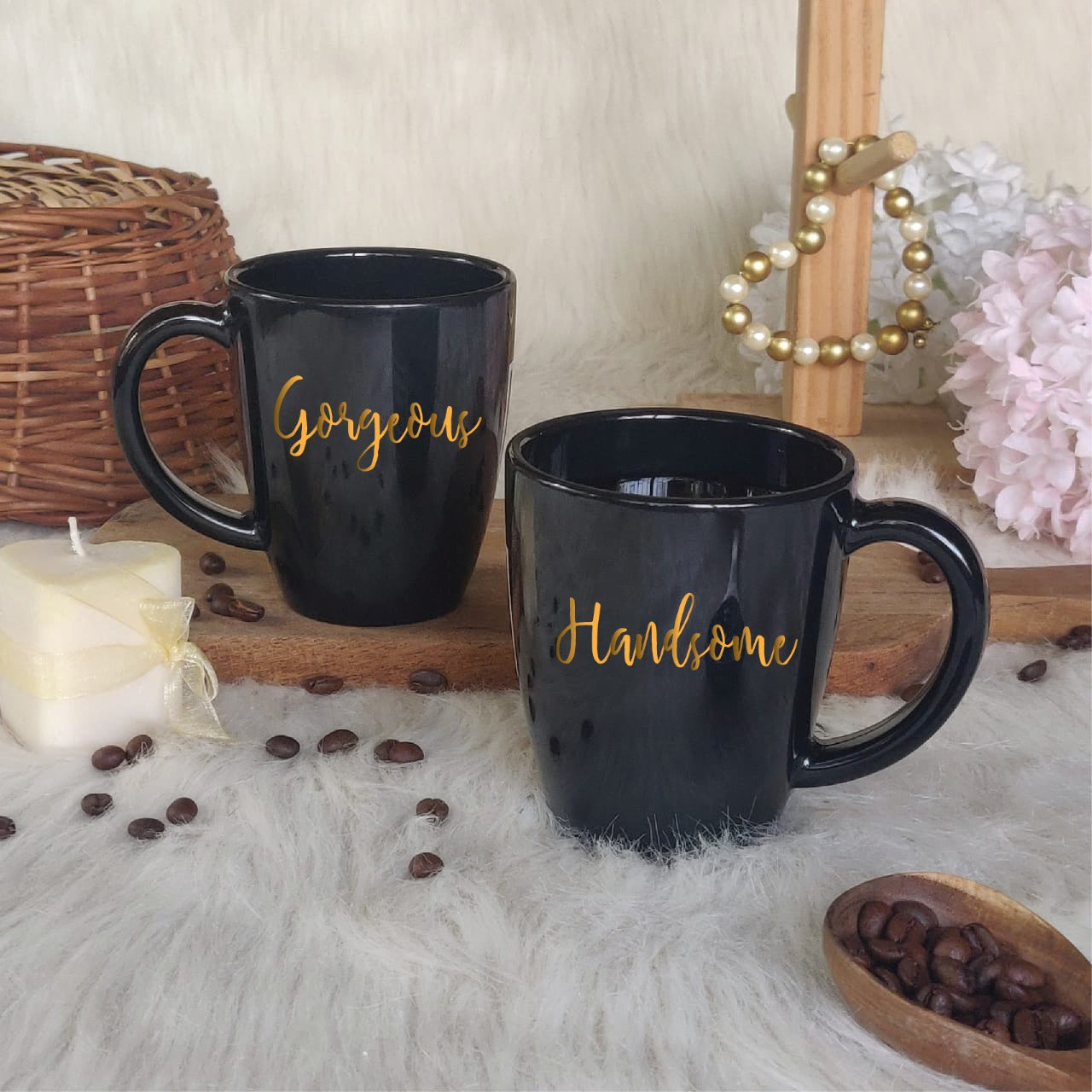 Unbreakable Couple Mugs - Gorgeous and Handsome - Set of 2 - Black