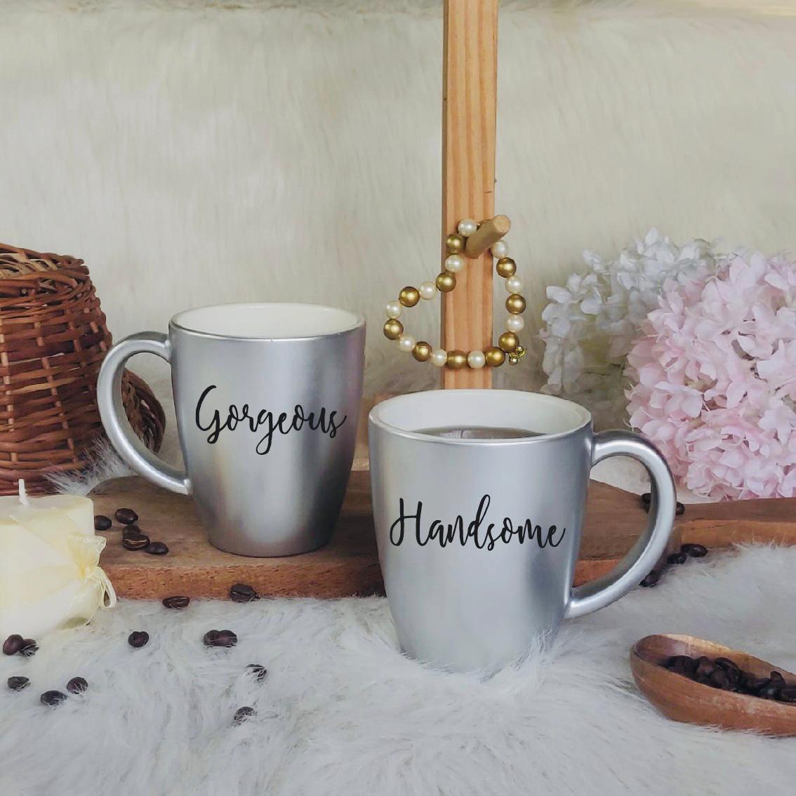 Unbreakable Couple Mugs - Gorgeous and Handsome - Set of 2 - Silver