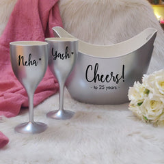 CHEERS TO THE YEARS, Non Breakable Wine Glass Gift Set With Chilling Bucket -  Silver
