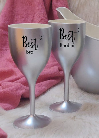 Non Breakable Couple set for Rakhi (Best Bro & Best Bhabhi) - Metallic Silver Wine Glasses - Set of 2