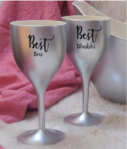 Non Breakable Couple set for Rakhi (Best Bro & Best Bhabhi) - Metallic Silver Wine Glasses - Set of 2