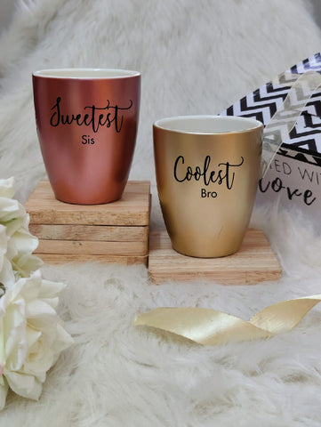 Unbreakable Mug, Set of 2 -with Coolest Bro & Sweetest Sis, Metallic Gold & Metallic Rosegold