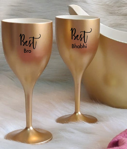 Non Breakable Couple set for Rakhi (Best Bro & Best Bhabhi) - Metallic Golden Wine Glasses - Set of 2
