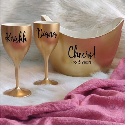 CHEERS TO THE YEARS, Non Breakable Wine Glass Gift Set With Chilling Bucket - Gold