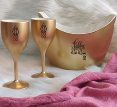CHEERS TO THE FESTIVE SEASON, Non Breakable Wine Glass Gift Set With Chilling Bucket - Gold