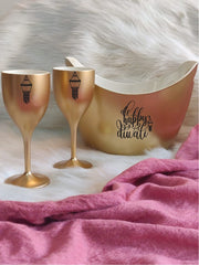 CHEERS TO THE FESTIVE SEASON, Non Breakable Wine Glass Gift Set With Chilling Bucket - Gold