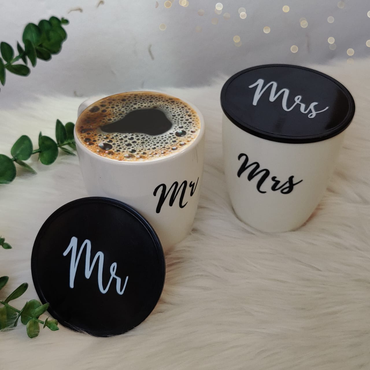 Unbreakable Couple Mugs with coasters - Set of 2 - Mr & Mrs - White and black