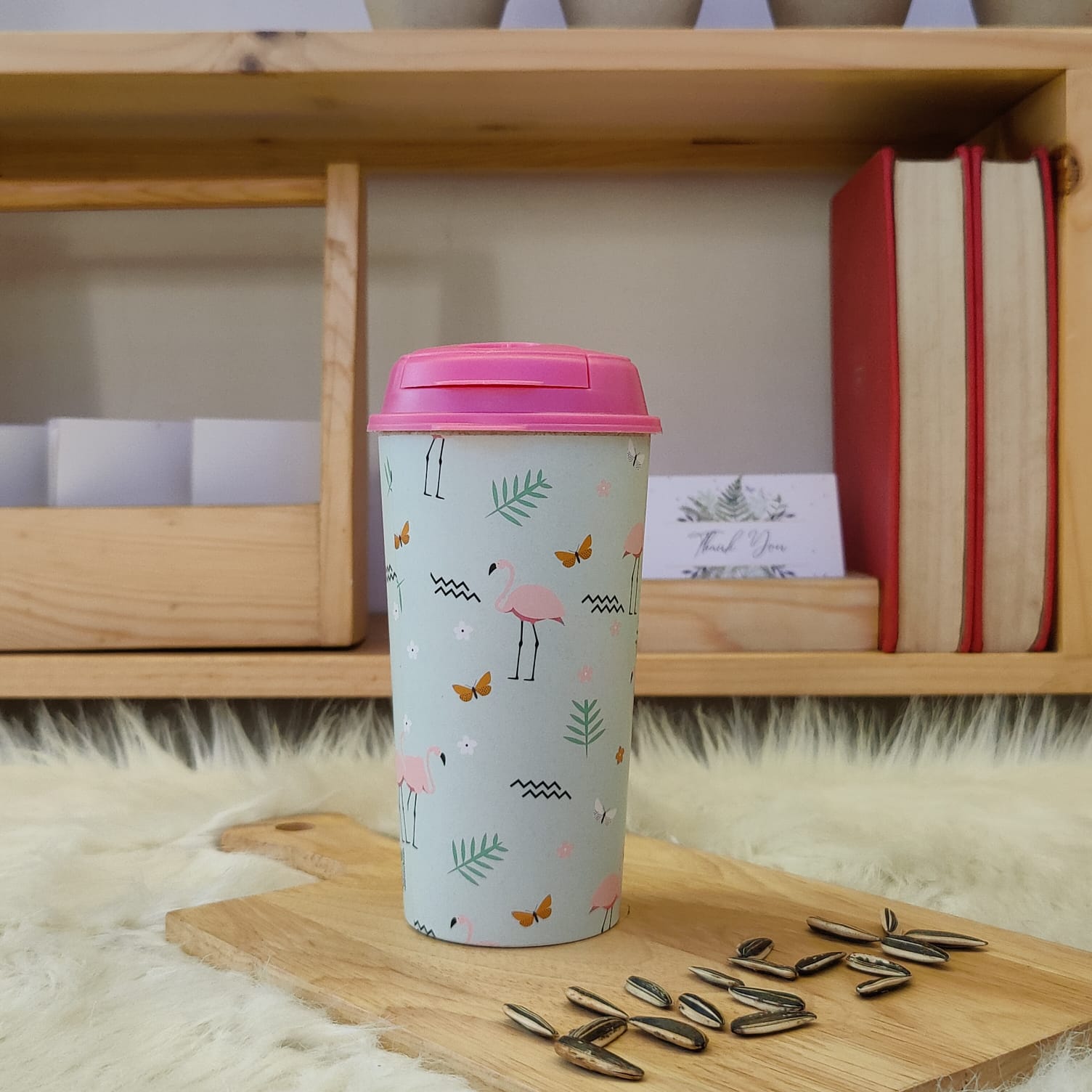 Designer Cups by Chirpy Cups with coffee & sipper lids - Ocean Flamingo
