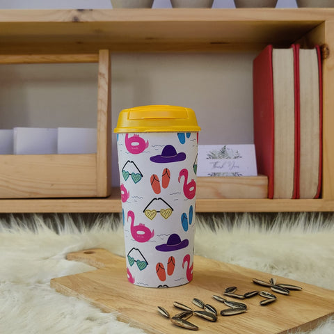 Designer Cups by Chirpy Cups with coffee & sipper lids - Beach Flamingo