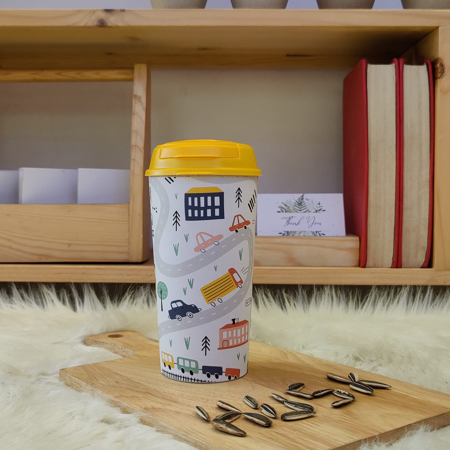 Designer Cups by Chirpy Cups with coffee & sipper lids - Roadtrip