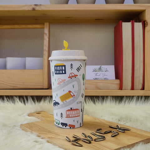 Designer Cups by Chirpy Cups with coffee & sipper lids - Roadtrip