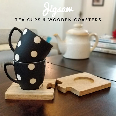 Unbreakable black and white tea cups with polka dot design (Set of 2) along with wooden coasters