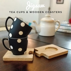 Unbreakable black and white tea cups with polka dot design (Set of 2) along with wooden coasters