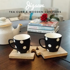 Unbreakable black and white tea cups with polka dot design (Set of 2) along with wooden coasters