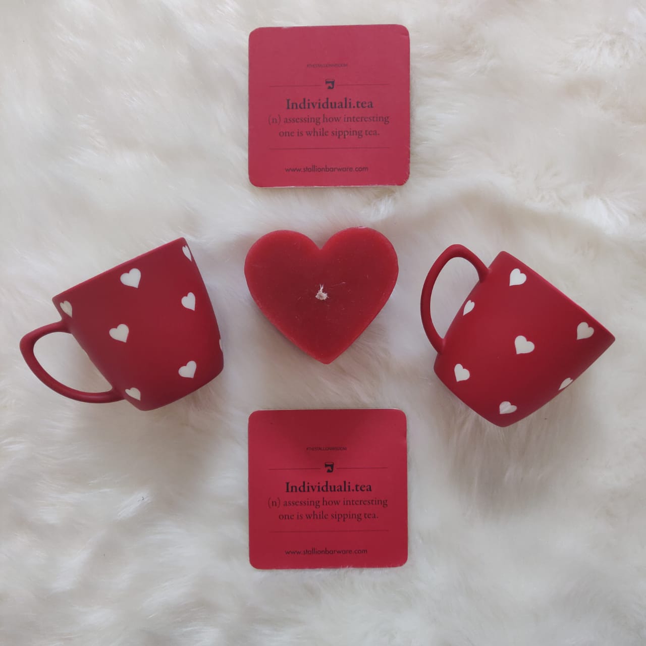 Unbreakable red designer tea cups with heart pattern (Set of 2) - Valentine's gift